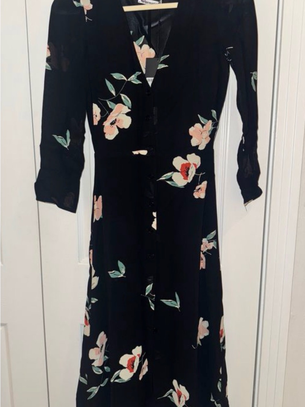 Reformation Black Floral V-Neck Midi Dress with Pink Blossoms - Picture 2 of 4